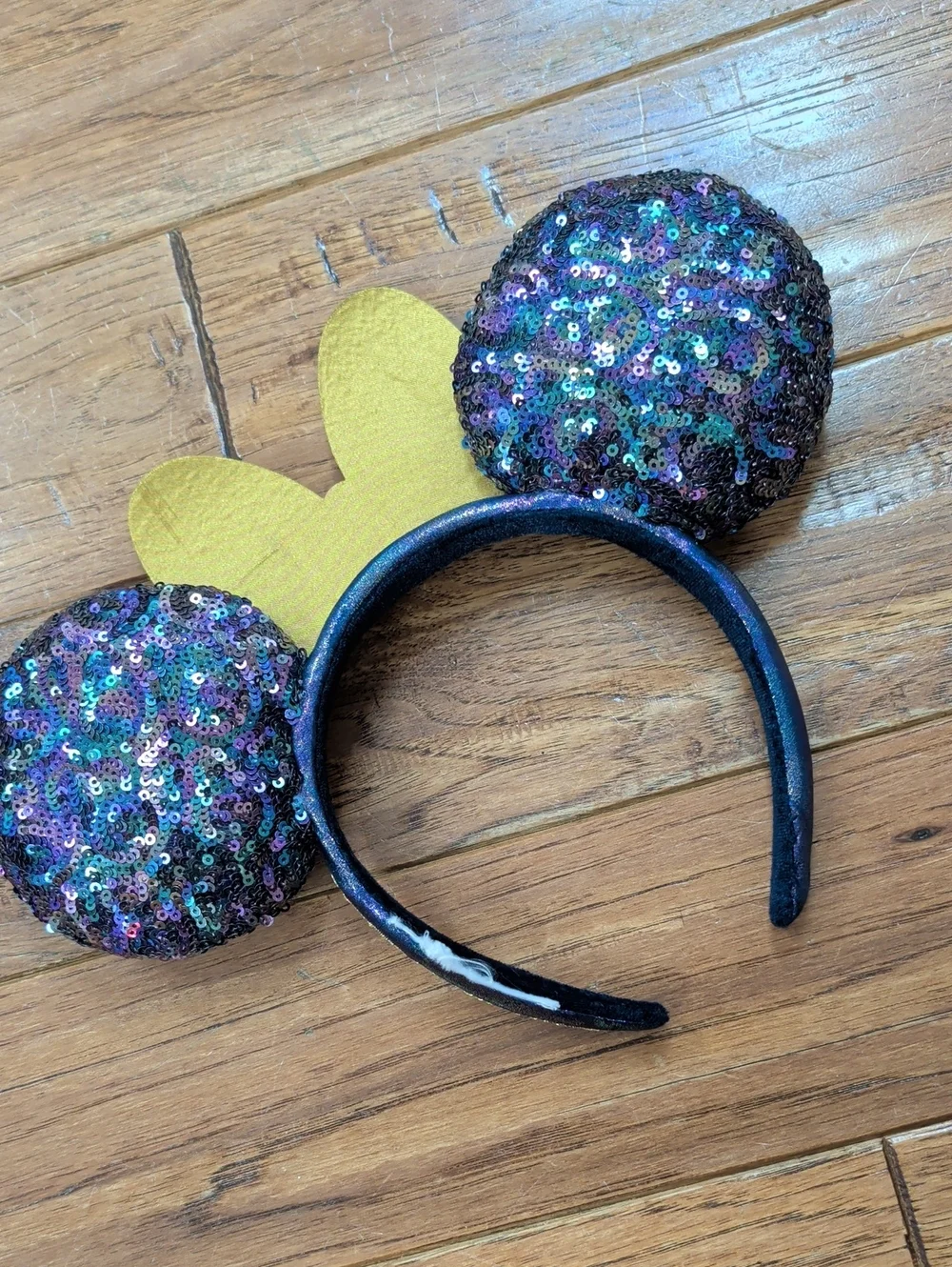 Disney 50th Anniversary Sequin Mouse Ear Headband with Gold Jeweled Bow